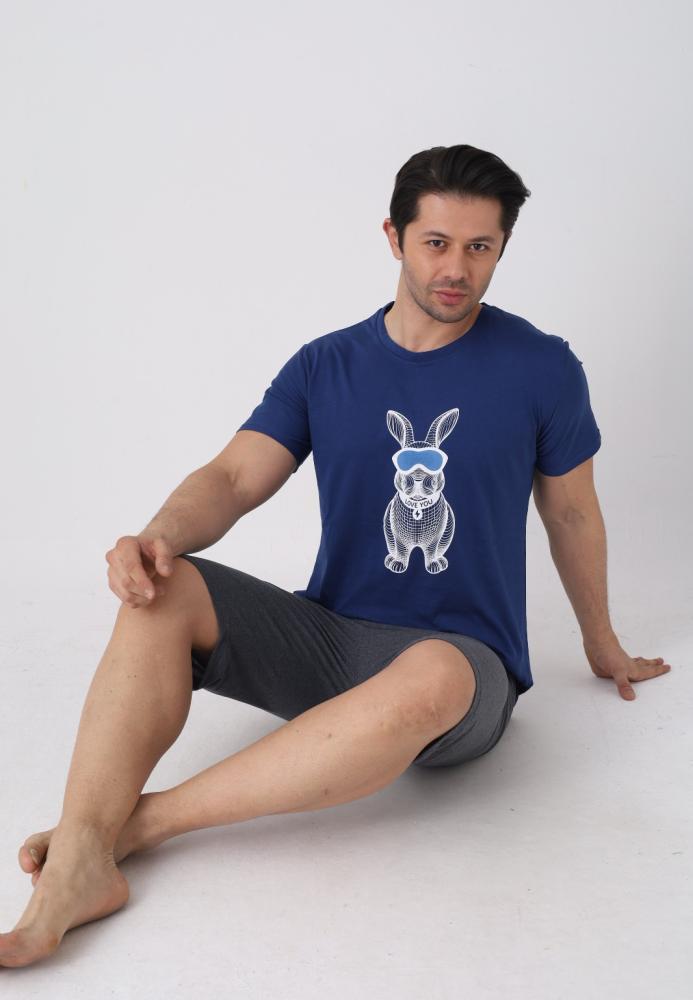 Pijama barbat cu maneca scurta si pantaloni 3/4, culoare bleumarin, Engros